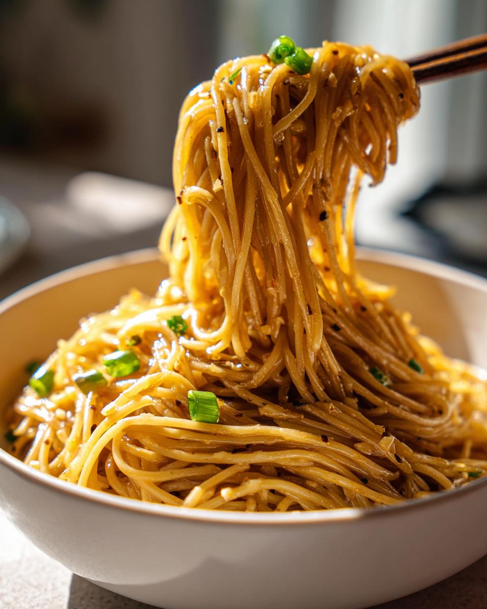 Close-up of 15-minute garlic noodles in a bowl, garnished with green onions, being lifted with chopsticks.