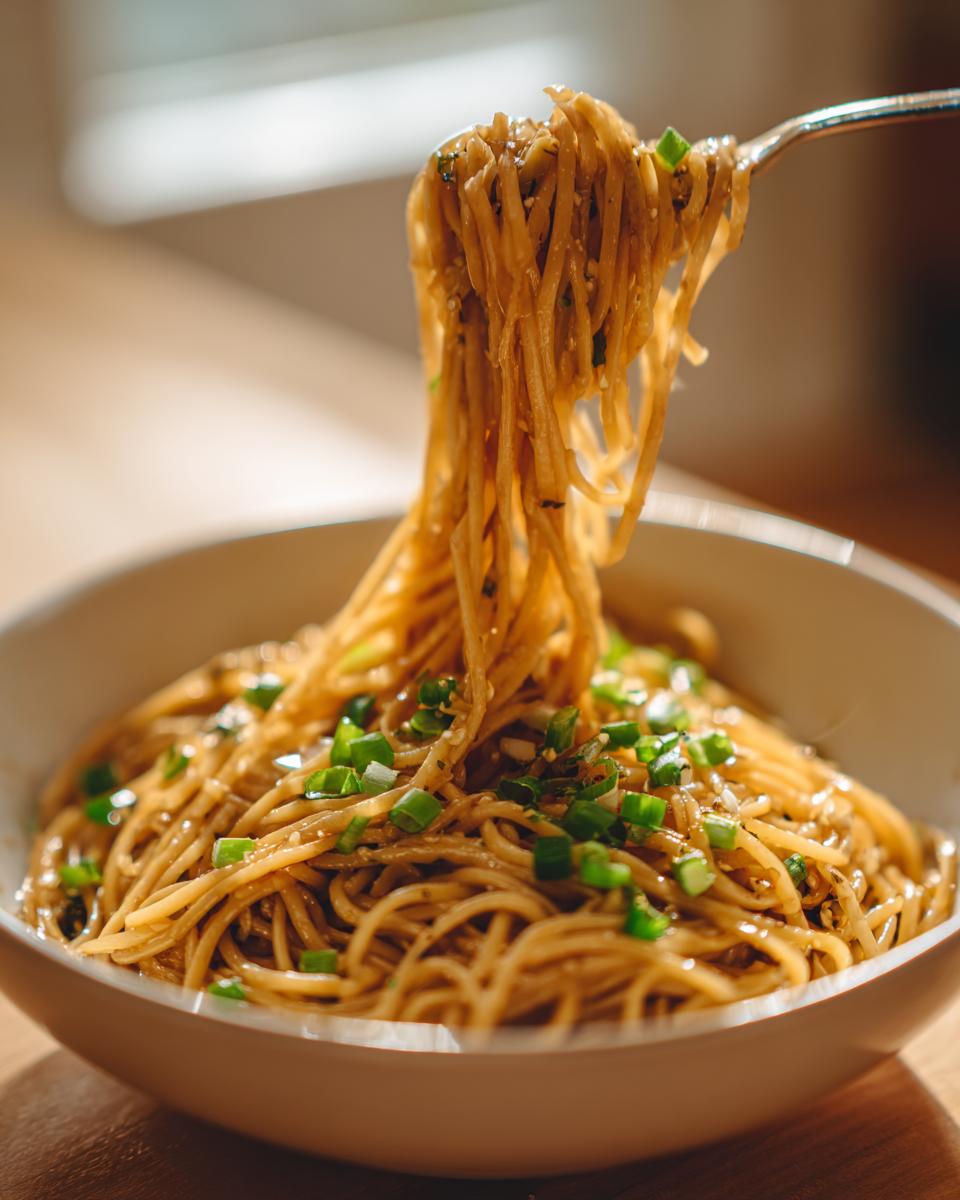 Close-up of 15-minute garlic noodles in a white bowl, with a fork lifting some noodles, garnished with green onions.