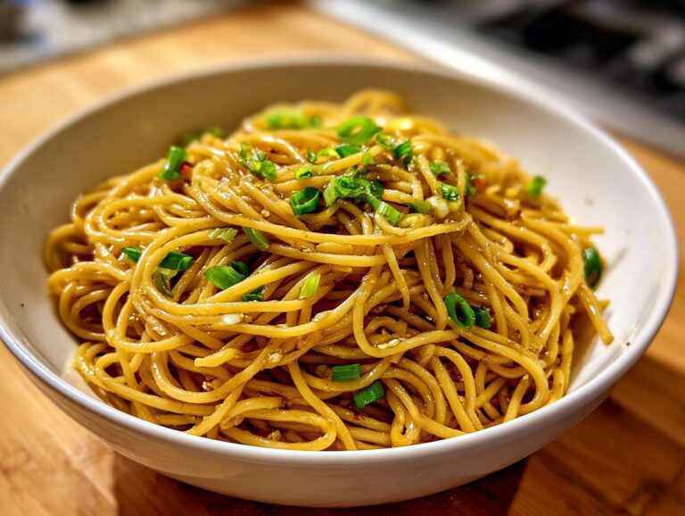 A bowl of delicious 15-minute garlic noodles, garnished with chopped green onions.