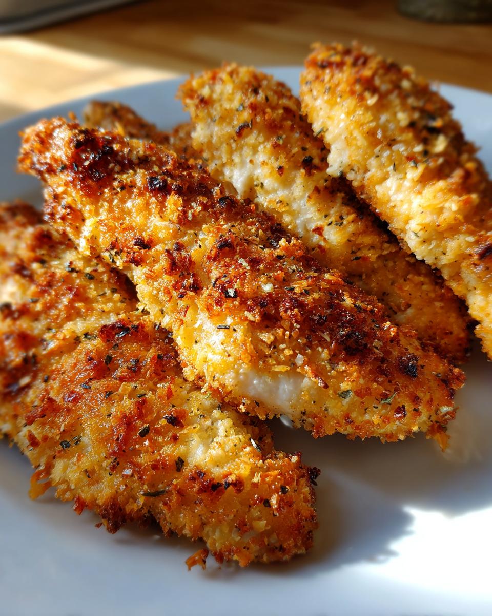 Close-up of golden brown air fryer chicken tenders on a white plate, showcasing their crispy texture.