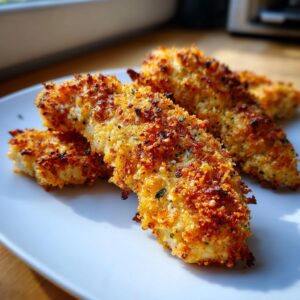 Close-up of golden brown, crispy air fryer chicken tenders on a white plate.