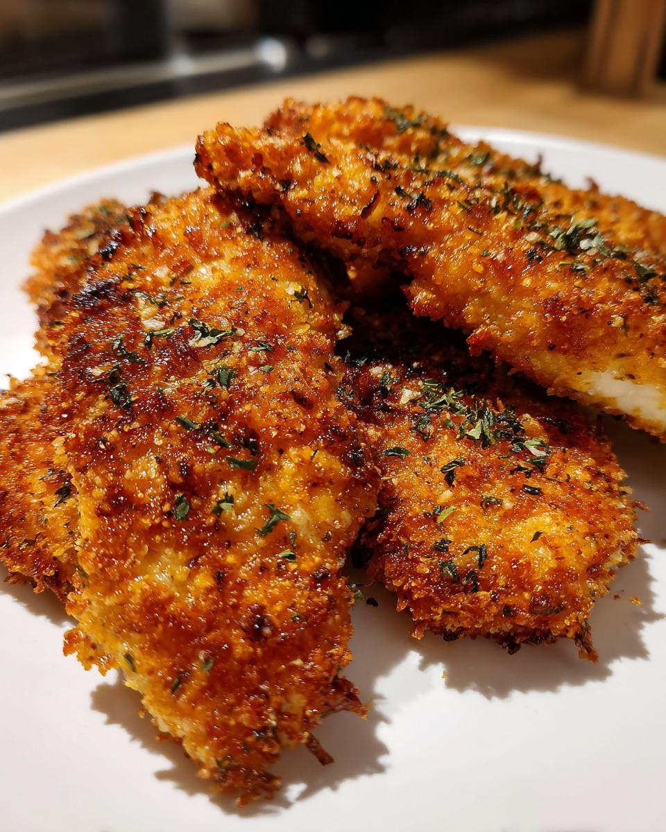 Close-up of golden brown air fryer chicken tenders on a white plate, sprinkled with herbs.