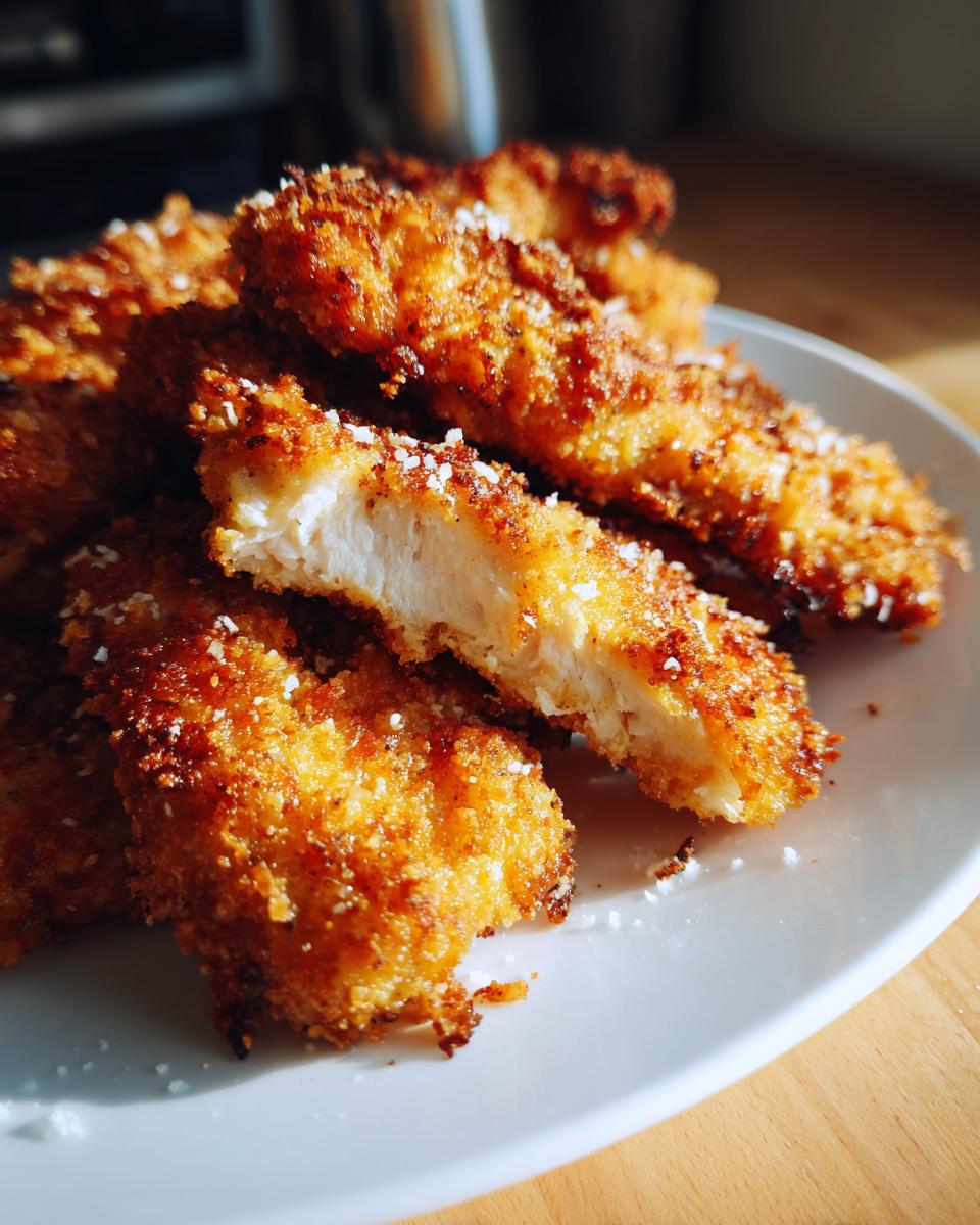 Close-up of golden brown air fryer chicken tenders on a white plate, one broken to show the juicy inside.