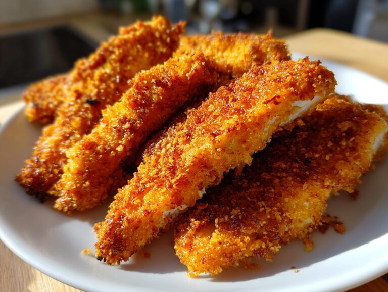 Golden brown air fryer chicken tenders piled on a white plate, showcasing their crispy texture.