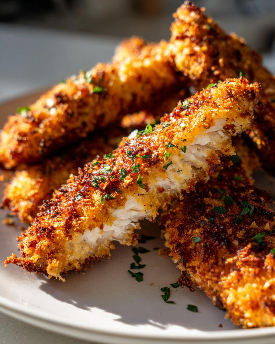 Close-up of crispy air fryer chicken tenders on a plate, one broken to show the inside.