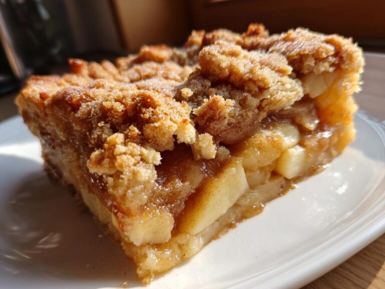 A close-up of a slice of apple pie dump cake with a golden crust and visible apple filling.