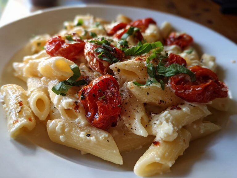 Close-up of Baked feta pasta with penne, roasted tomatoes, feta cheese, and basil on a white plate.