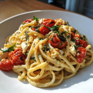 A plate of creamy baked feta pasta with roasted tomatoes and fresh basil.