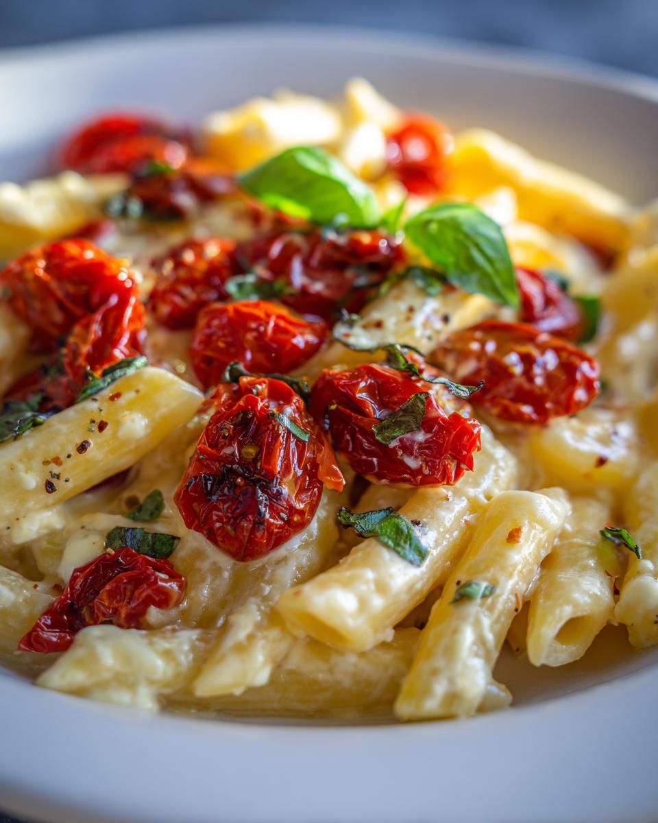 Close-up of baked feta pasta with roasted tomatoes and fresh basil, ready to eat.
