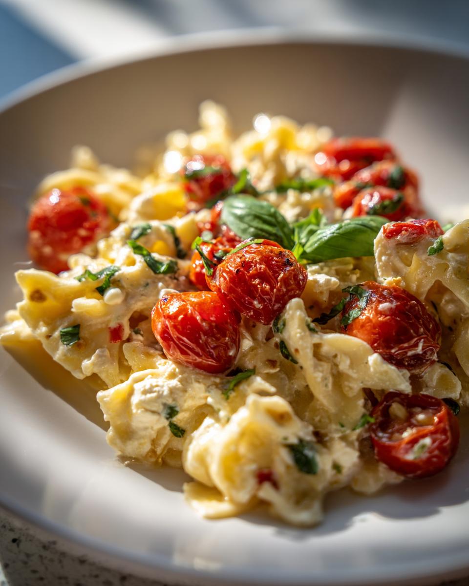 Close-up of baked feta pasta with roasted tomatoes and fresh basil, served in a white bowl.