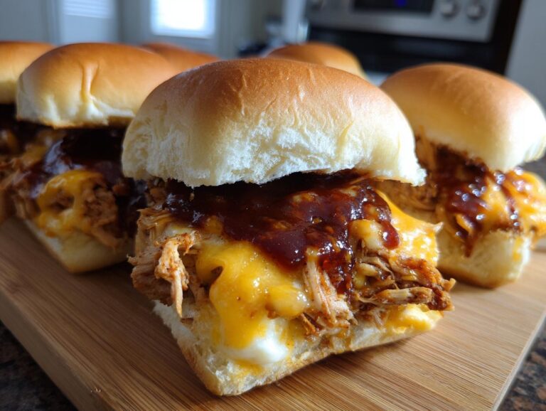 Close-up of BBQ chicken sliders with melted cheese and BBQ sauce on a wooden board.