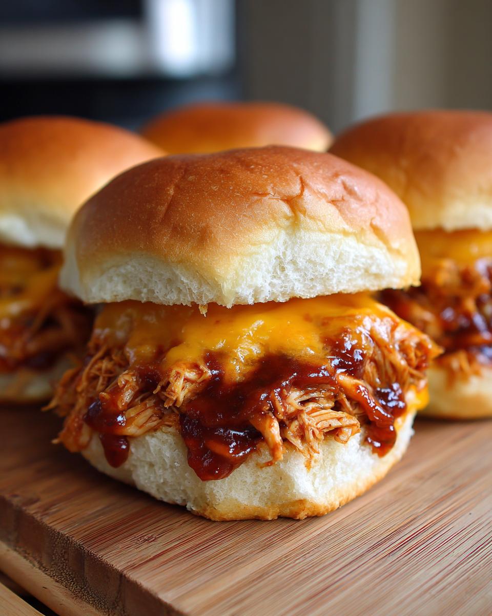 Close-up of BBQ chicken sliders with melted cheese on a wooden board. Perfect party food!