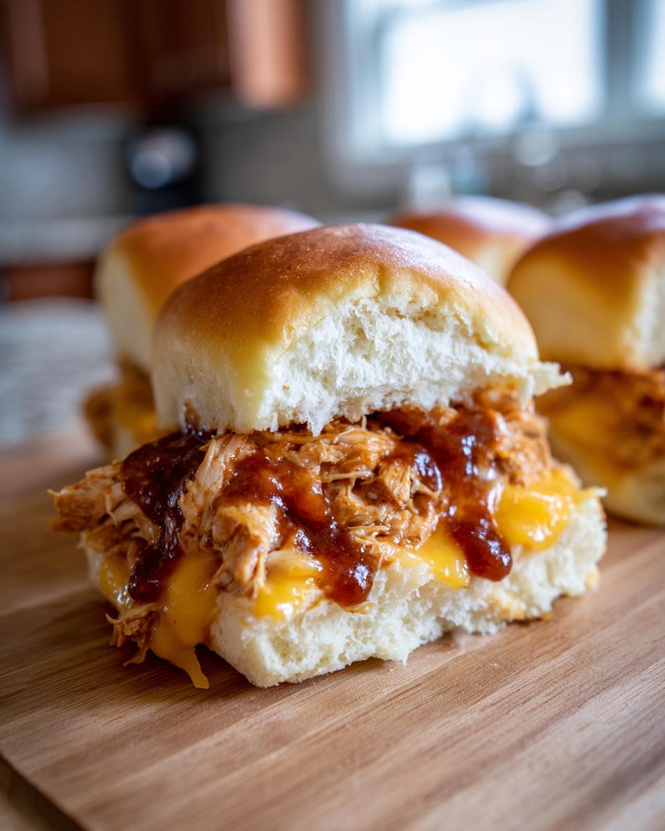 Close-up of BBQ chicken sliders with melted cheese and barbecue sauce on a wooden board.