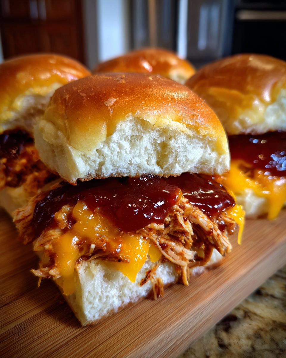 Close-up of BBQ chicken sliders with melted cheese and sauce on a wooden board.