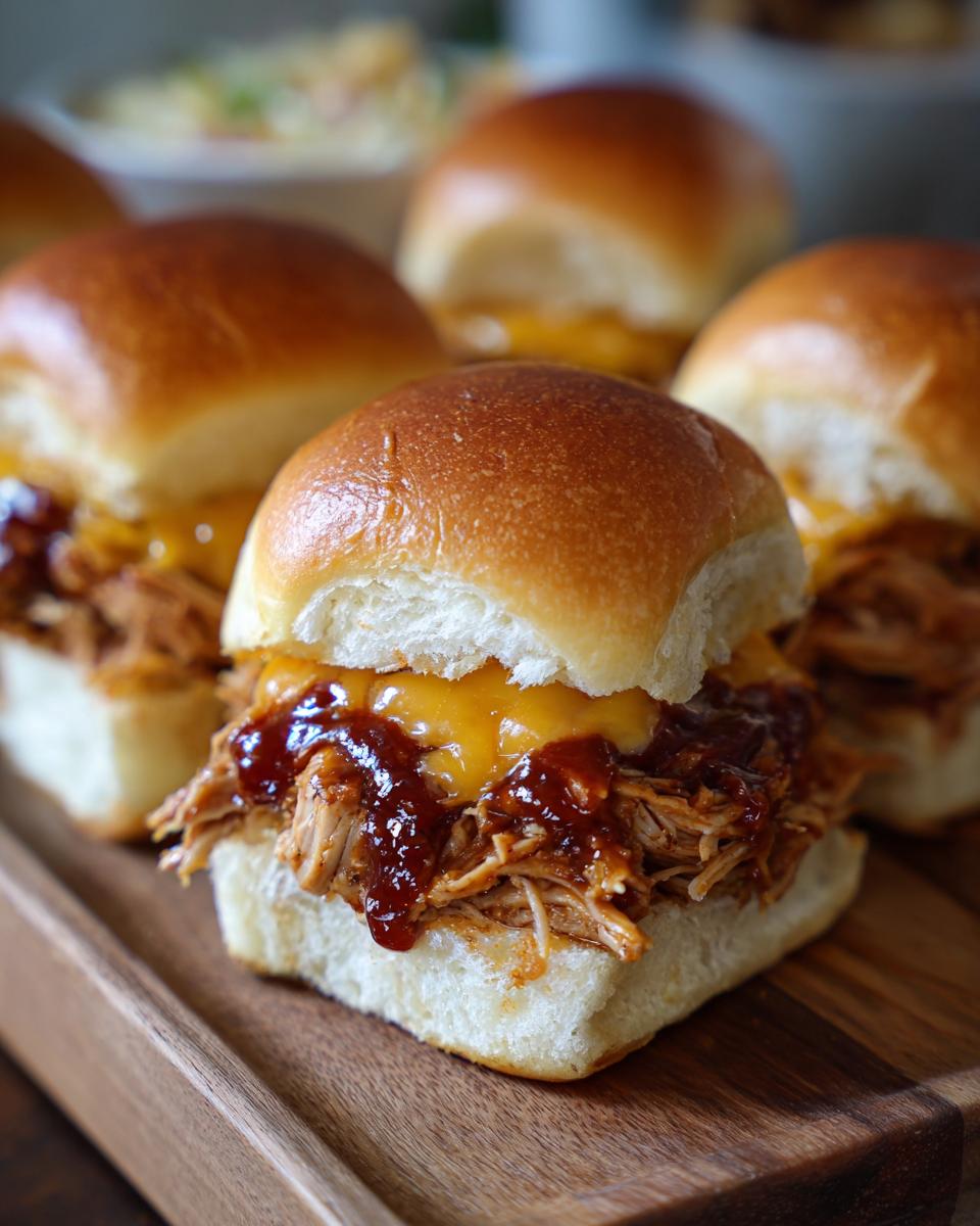 A wooden tray holding several BBQ chicken sliders topped with cheese and BBQ sauce.