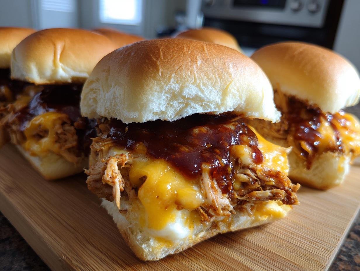 Close-up of BBQ chicken sliders with melted cheese and BBQ sauce on a wooden board.