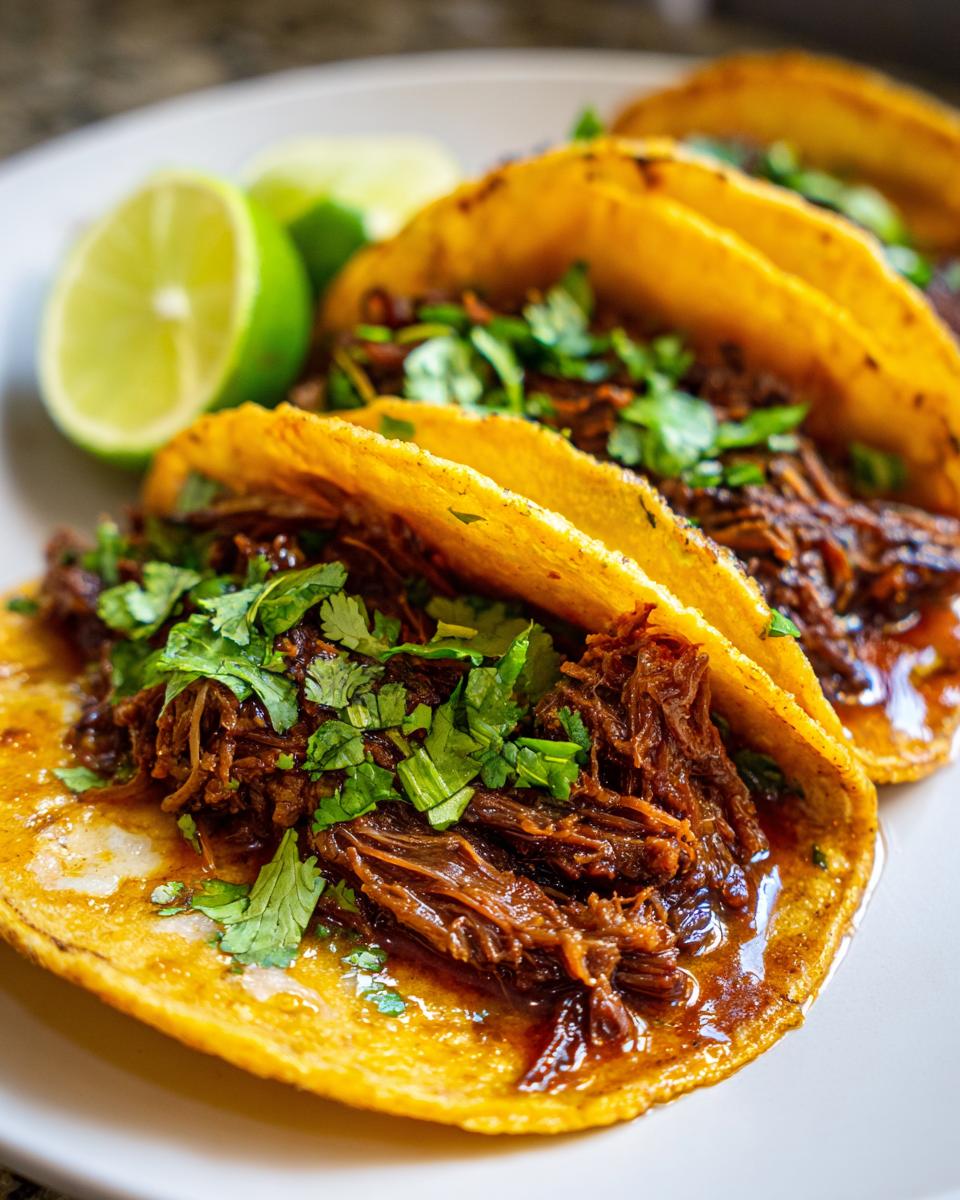 Three juicy birria tacos on a plate, garnished with cilantro and lime wedges. Ready to eat!