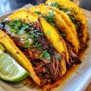 Close-up of three birria tacos on a plate, garnished with cilantro and served with a lime wedge.