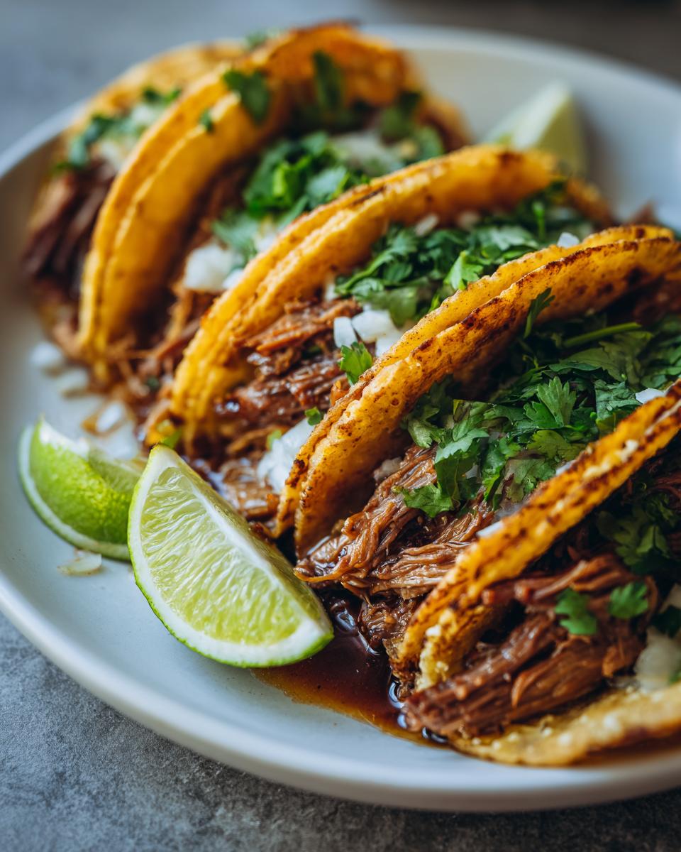 Close-up of flavorful Birria tacos on a plate, garnished with cilantro, onions, and lime wedges.