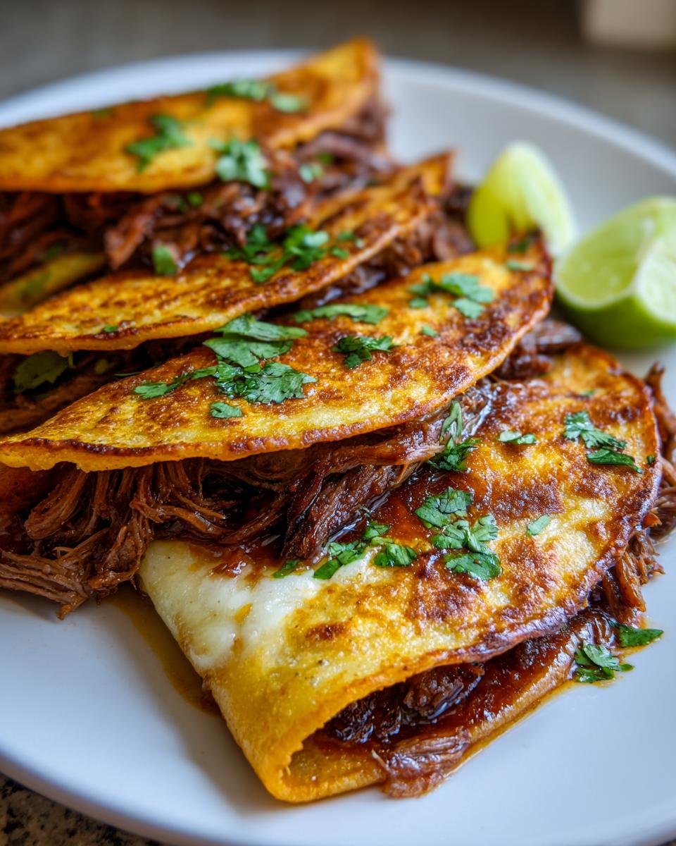 Close-up of flavorful Birria tacos with shredded beef, melted cheese, and cilantro garnish, served with lime wedges.