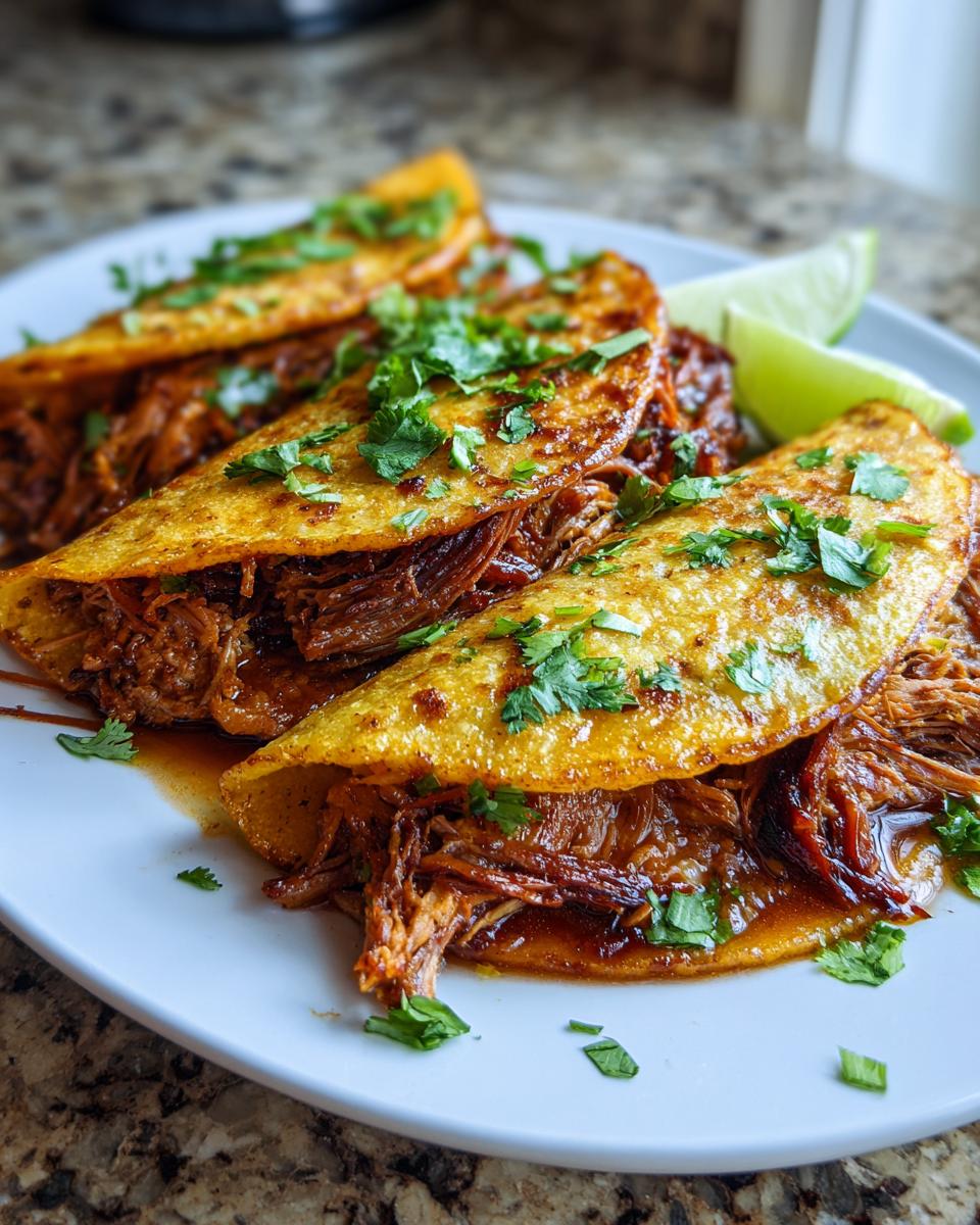 Three flavorful Birria tacos on a white plate, garnished with cilantro and lime wedges. Ready to enjoy!