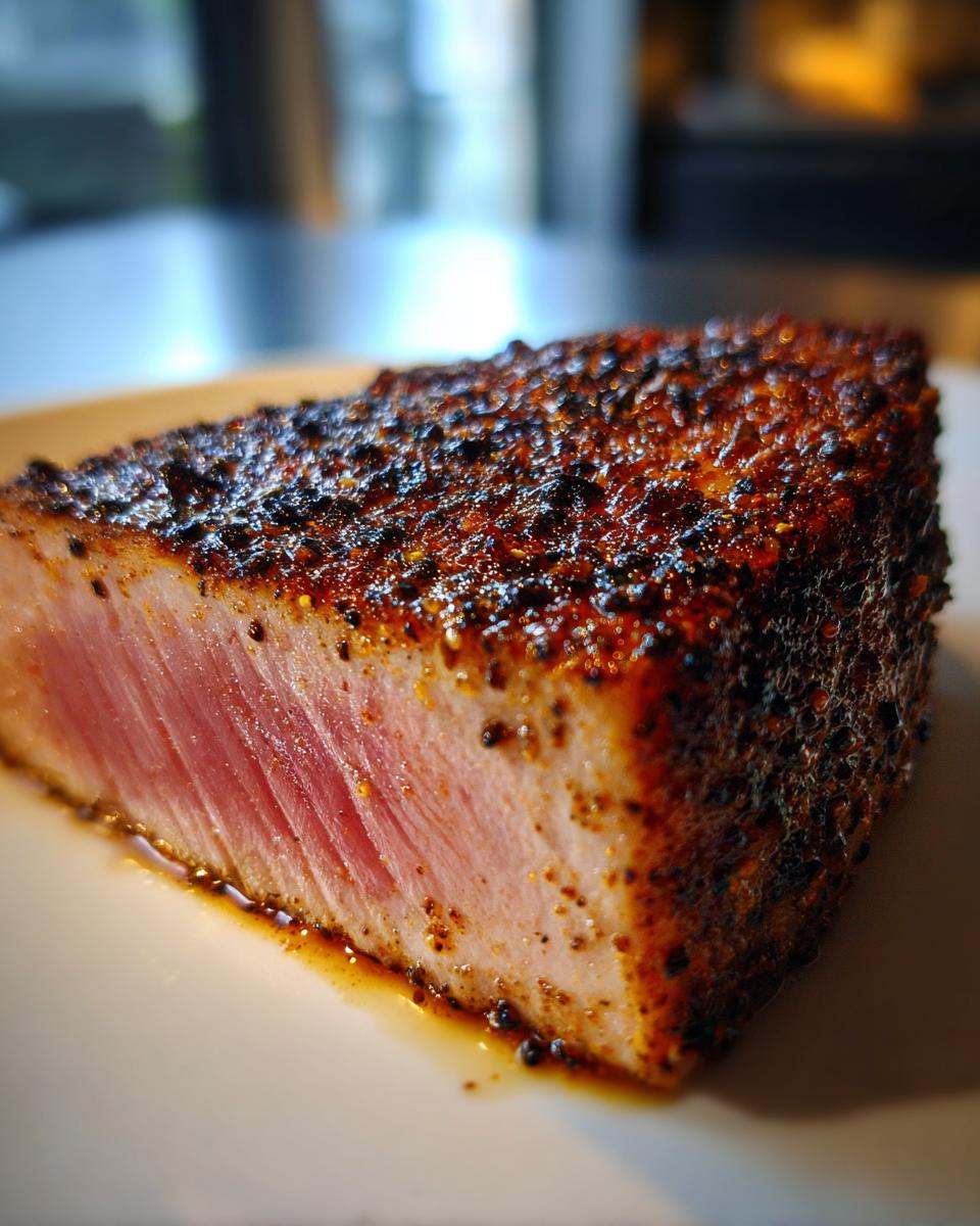 Close-up of a perfectly seared Blackened Tuna Steak, showcasing the blackened crust and tender, pink center.