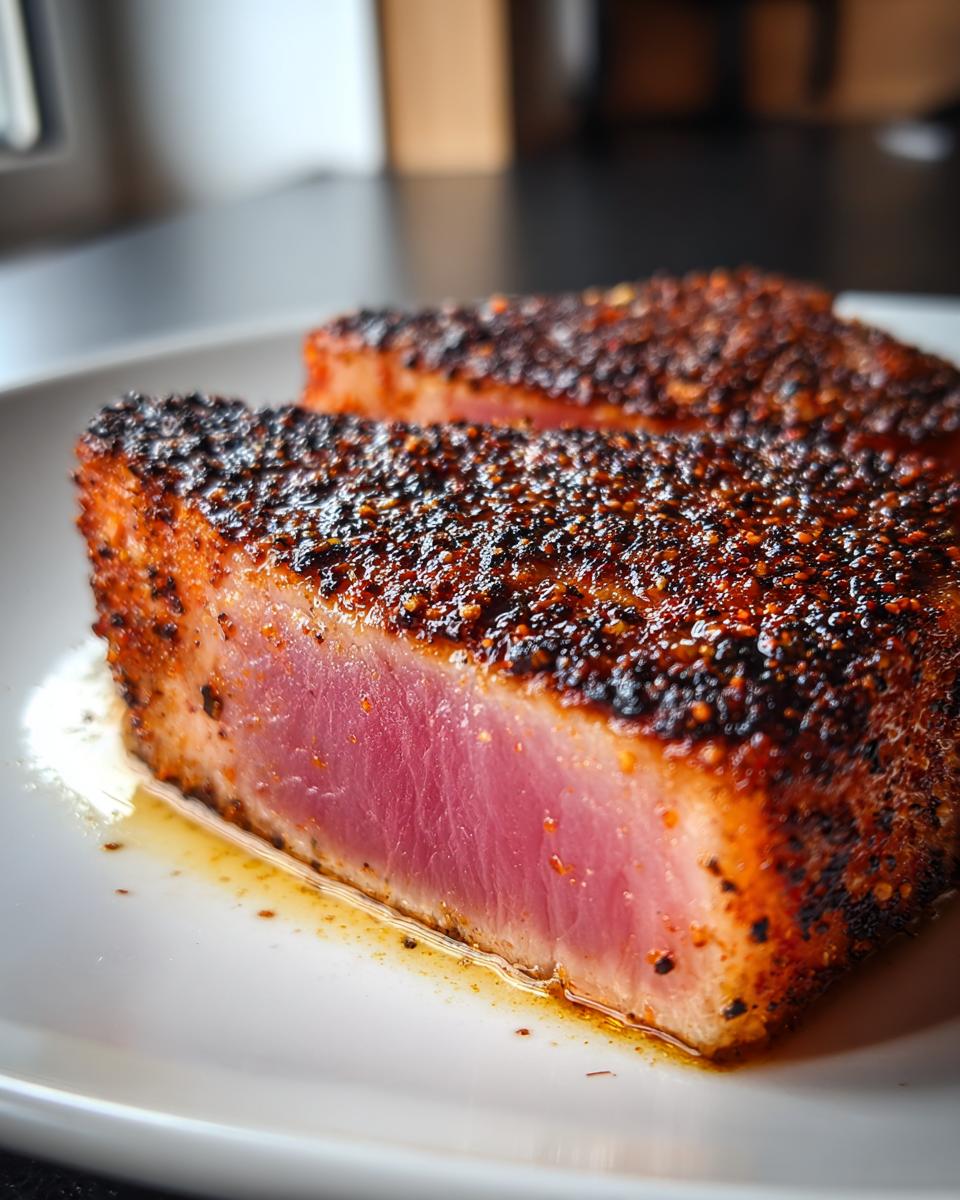 Close-up of a perfectly seared Blackened Tuna Steak showing a rare center on a white plate.