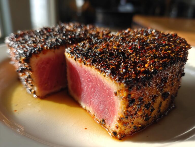 Juicy Blackened Tuna Steak cut in half, showing the pink center and blackened crust.