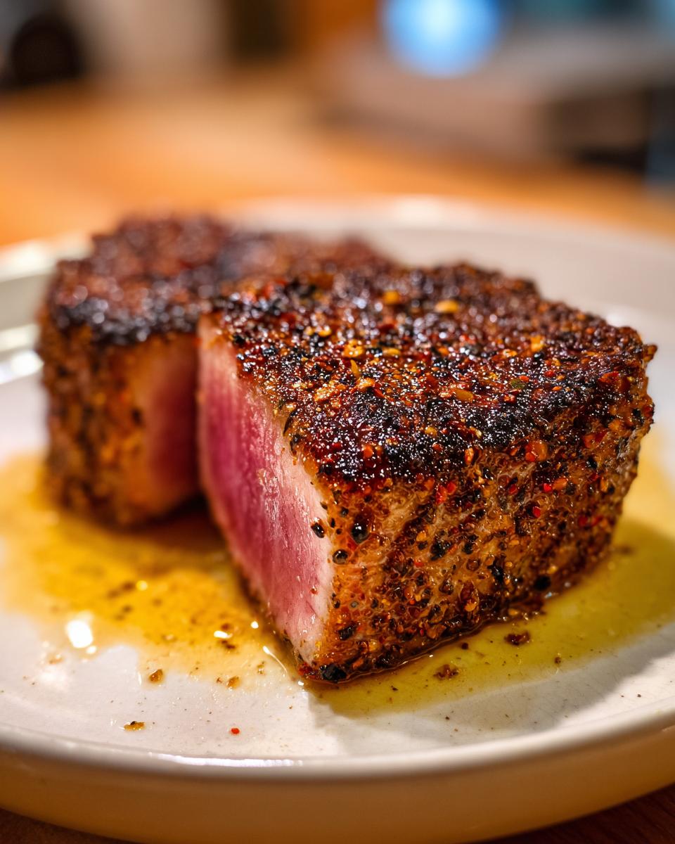 Close-up of a sliced Blackened Tuna Steak, showing the blackened crust and rare center on a white plate.