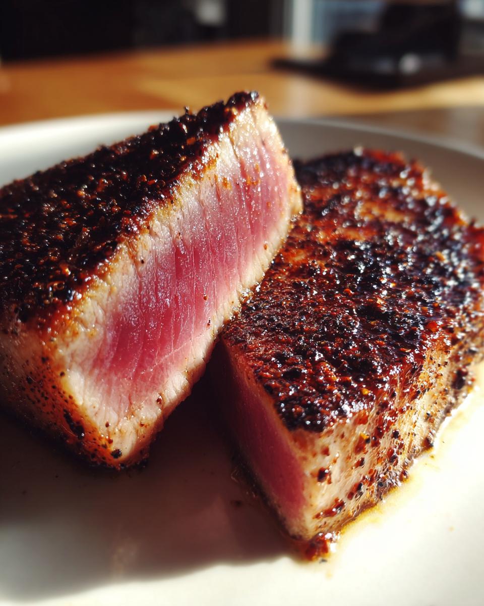 Close-up of two slices of Blackened Tuna Steak, showing the blackened crust and rare center.