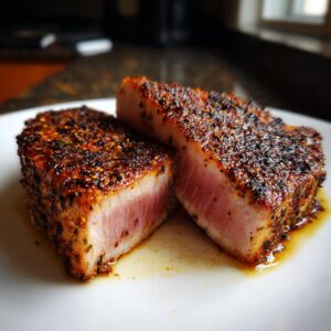Two slices of perfectly seared Blackened Tuna Steak on a white plate, showing the seasoned crust and pink center.