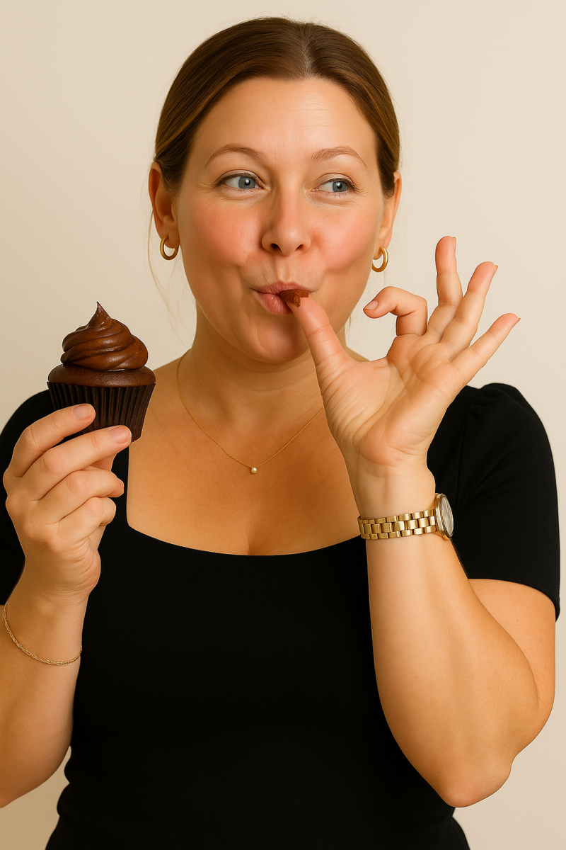 Carla Davis laughing while holding a chocolate cupcake and playfully tasting a bit of chocolate frosting from her finger.