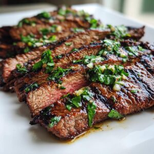Close-up of sliced carne asada with a vibrant marinade and fresh herb garnish, ready to serve.