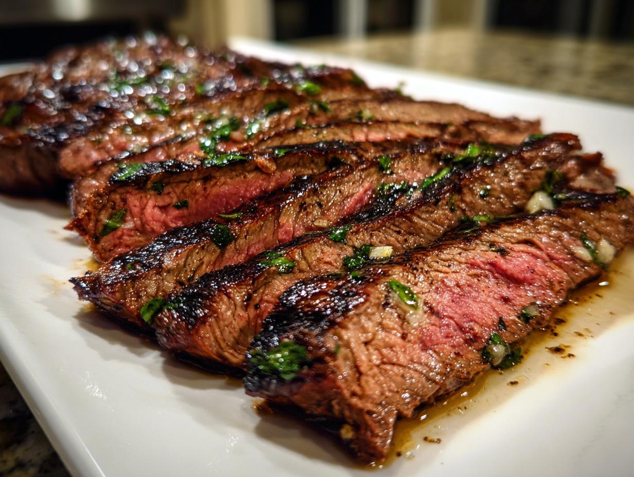 Close-up of sliced carne asada showing the juicy, marinated steak with fresh herbs.