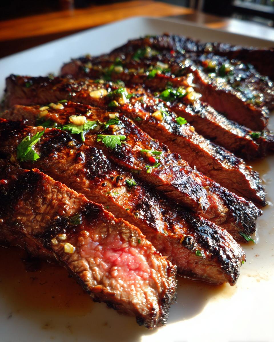 Close-up of sliced carne asada marinade steak, showcasing its juicy interior and flavorful marinade.