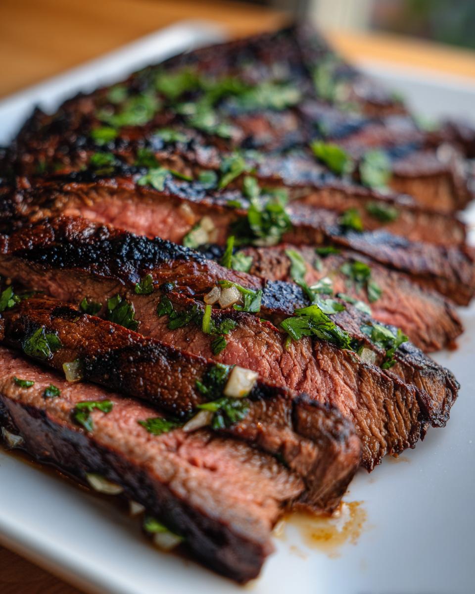 Close-up of sliced carne asada with fresh herbs, showcasing the delicious carne asada marinade.