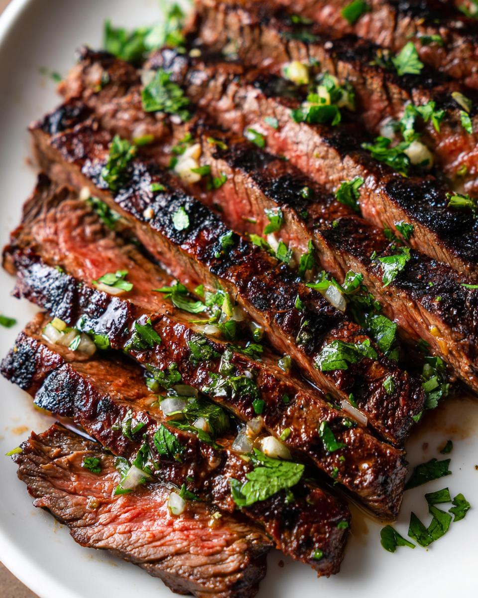 Close-up of sliced carne asada with a vibrant marinade of herbs and spices, ready to serve.