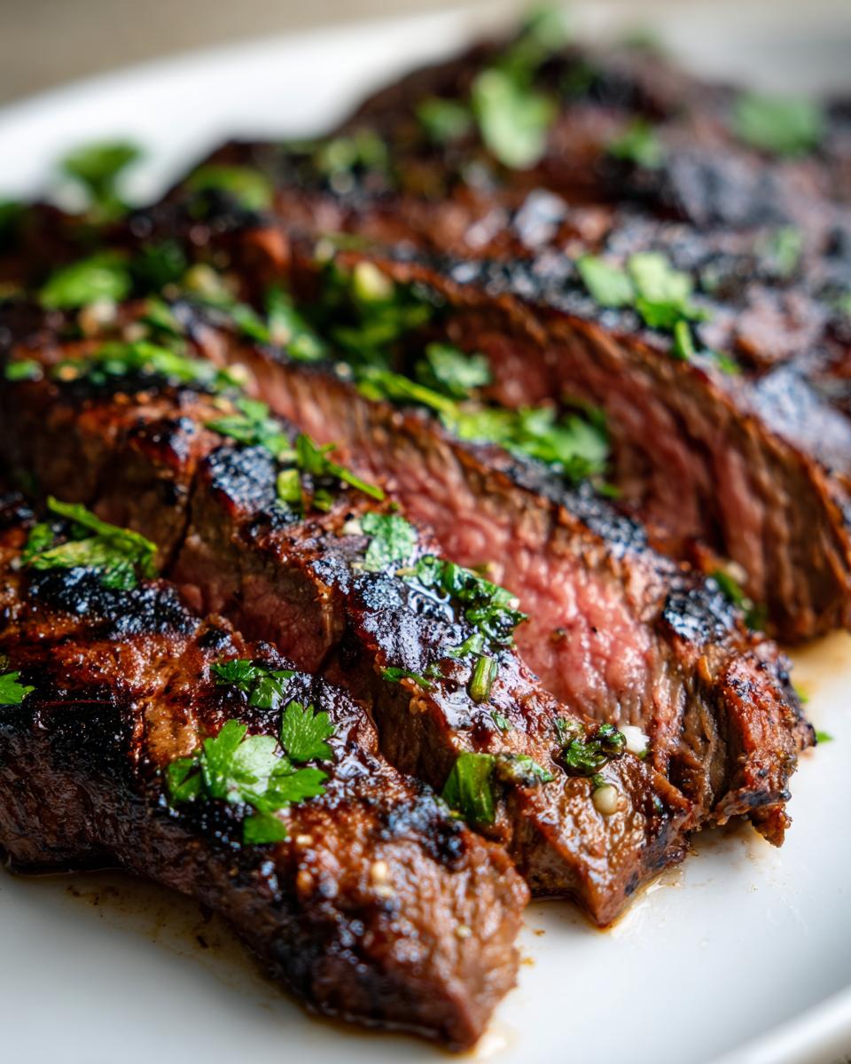 Close-up of sliced carne asada with a vibrant carne asada marinade and fresh cilantro garnish.