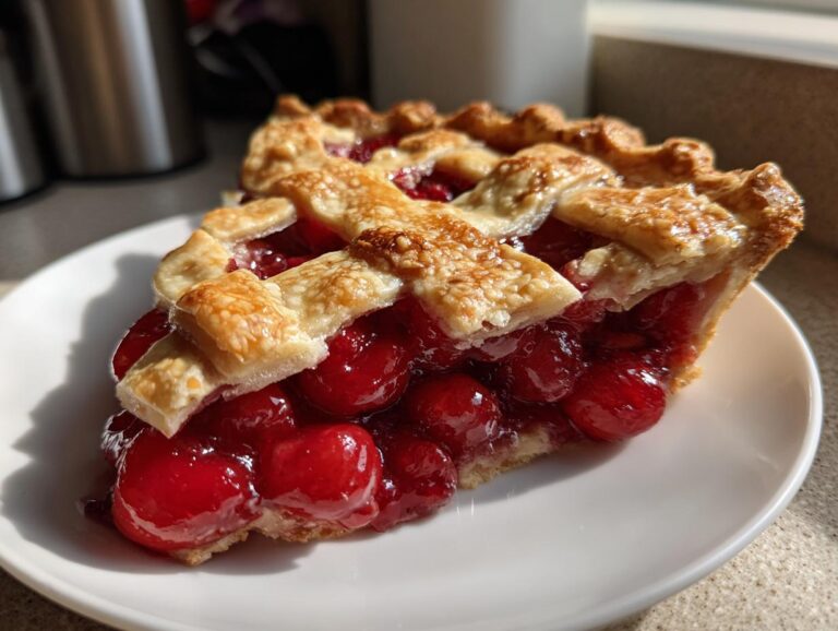 A slice of cherry pie with a buttery lattice crust, showcasing the juicy cherry filling.