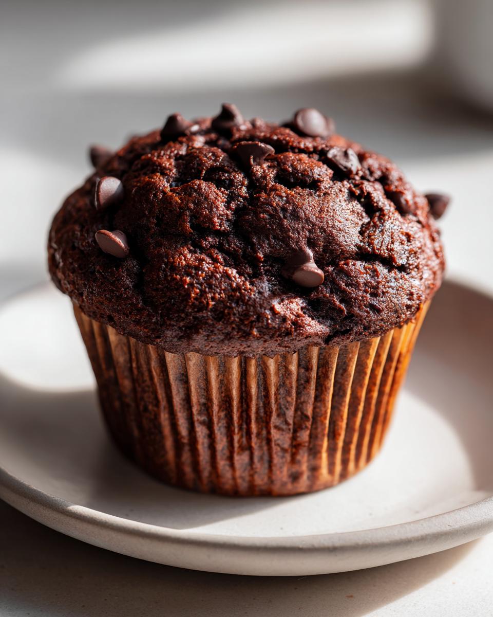 A single chocolate zucchini muffin topped with chocolate chips, sitting on a small plate.