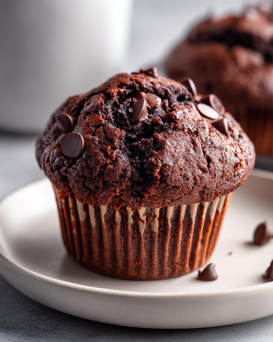 A close-up of a single chocolate zucchini muffin topped with chocolate chips on a plate.