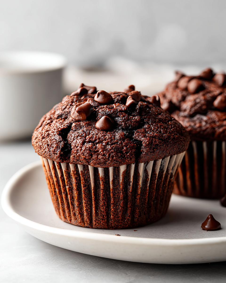 Two chocolate zucchini muffins on a plate, topped with chocolate chips. Perfect for a healthy snack!