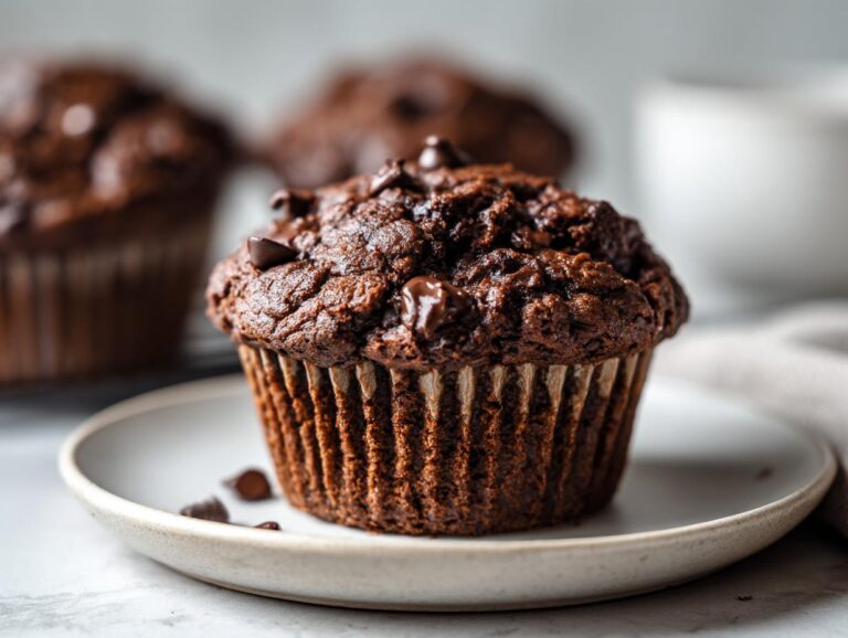 A delicious chocolate zucchini muffin on a white plate, topped with chocolate chips.