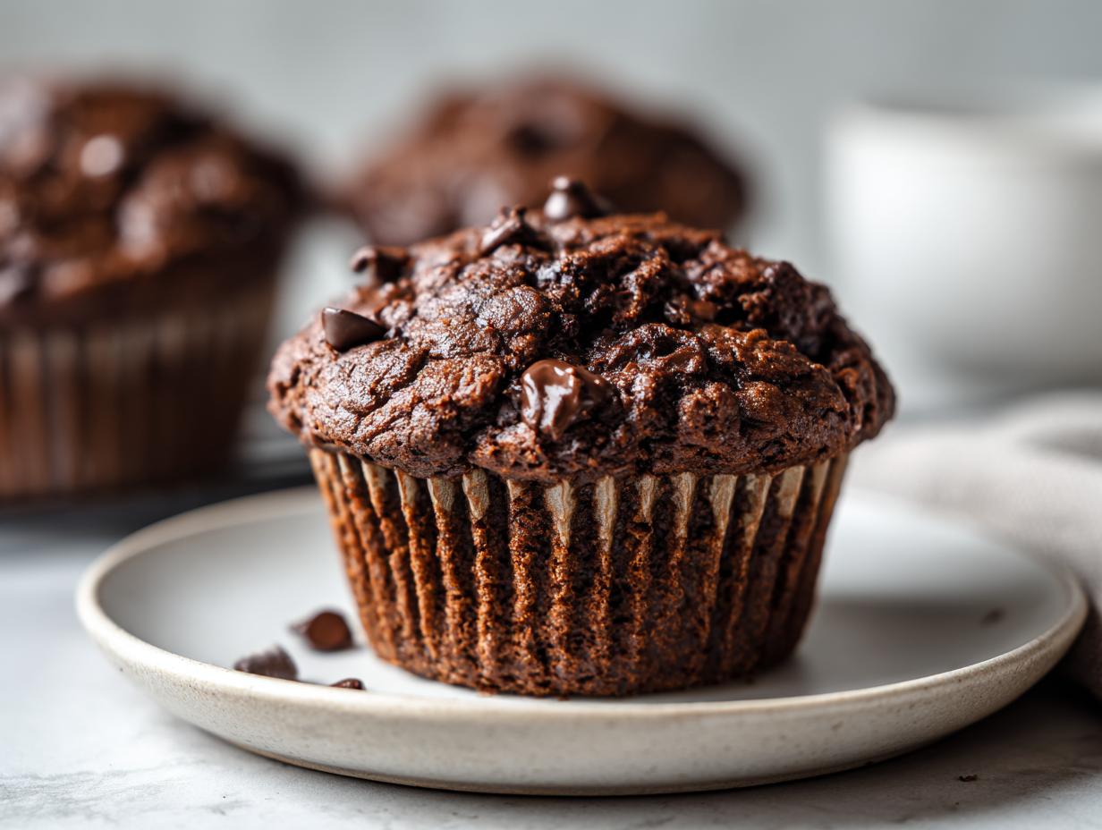 A delicious chocolate zucchini muffin on a white plate, topped with chocolate chips.