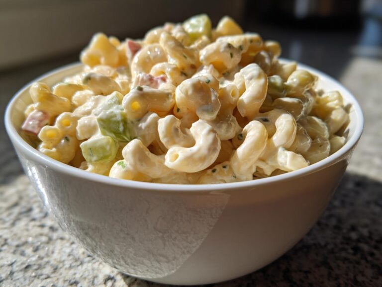 Close-up of creamy classic macaroni salad in a white bowl, featuring elbow pasta, celery, and a rich dressing.
