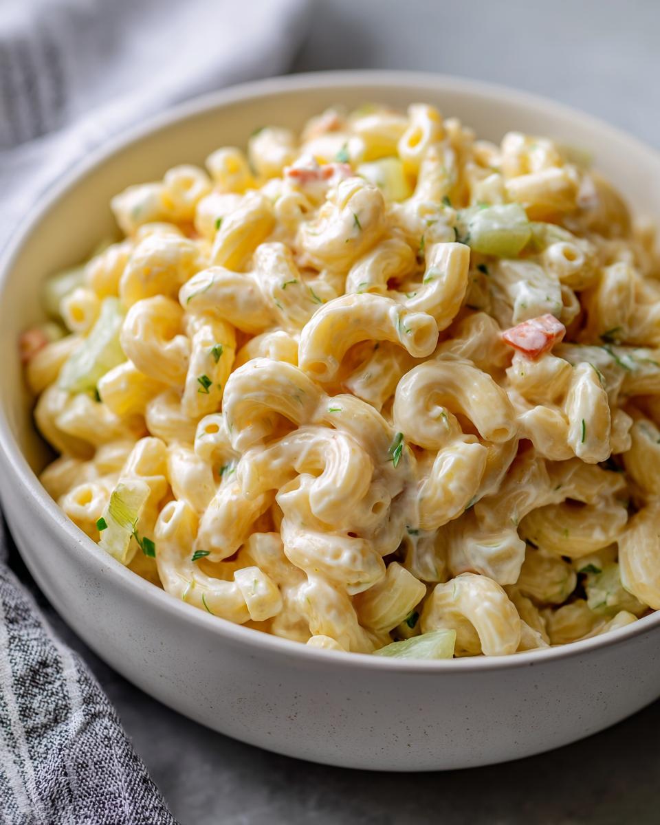 A bowl of creamy classic macaroni salad with elbow pasta, celery, and a mayonnaise-based dressing.