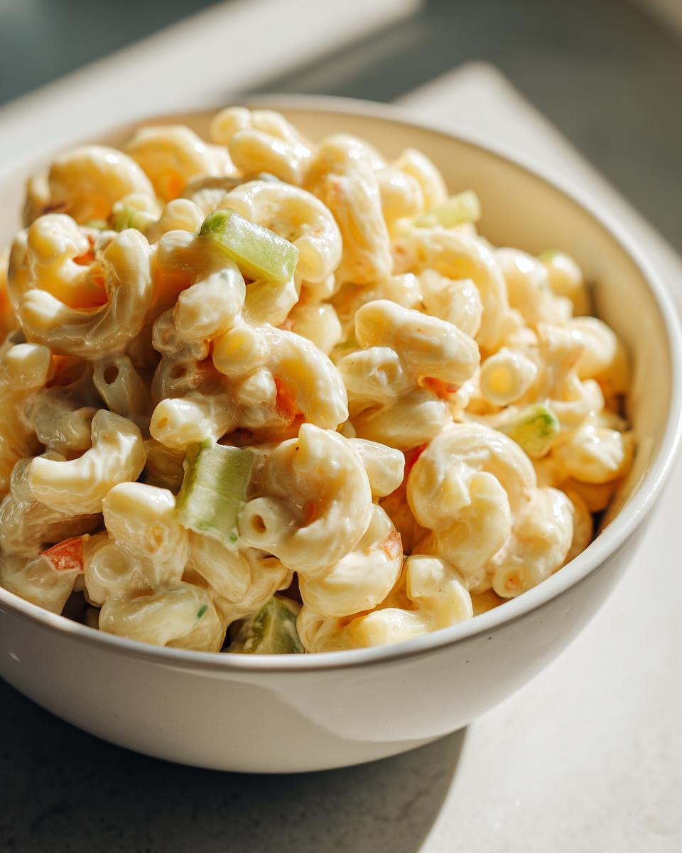 A bowl of creamy classic macaroni salad with elbow pasta, celery, and carrots in a mayonnaise-based dressing.