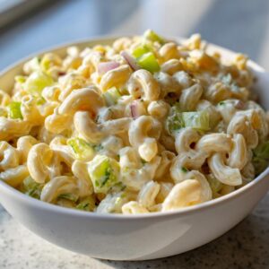 Close-up of creamy classic macaroni salad in a white bowl, featuring elbow macaroni, celery, and red onion.