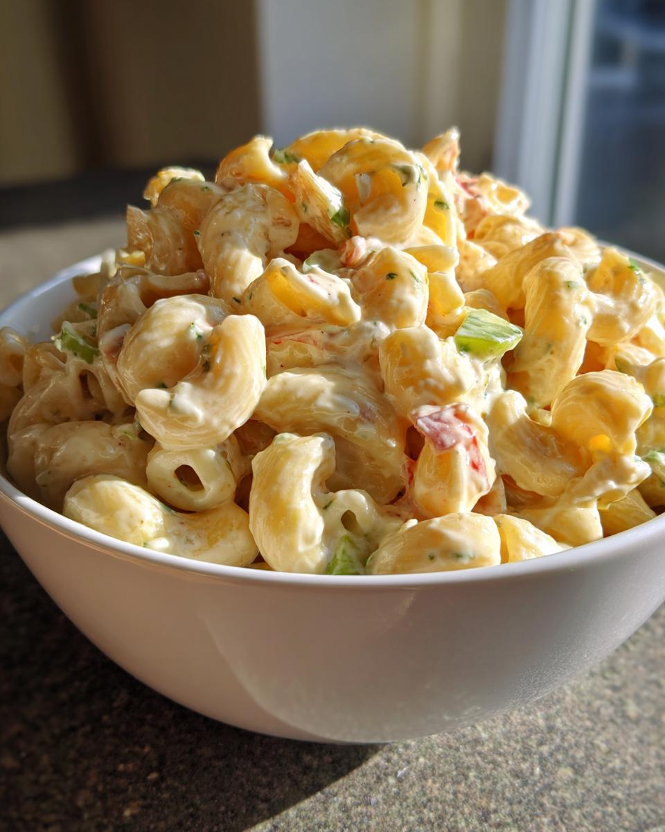 A bowl of creamy classic macaroni salad with elbow pasta, vegetables, and a rich dressing.