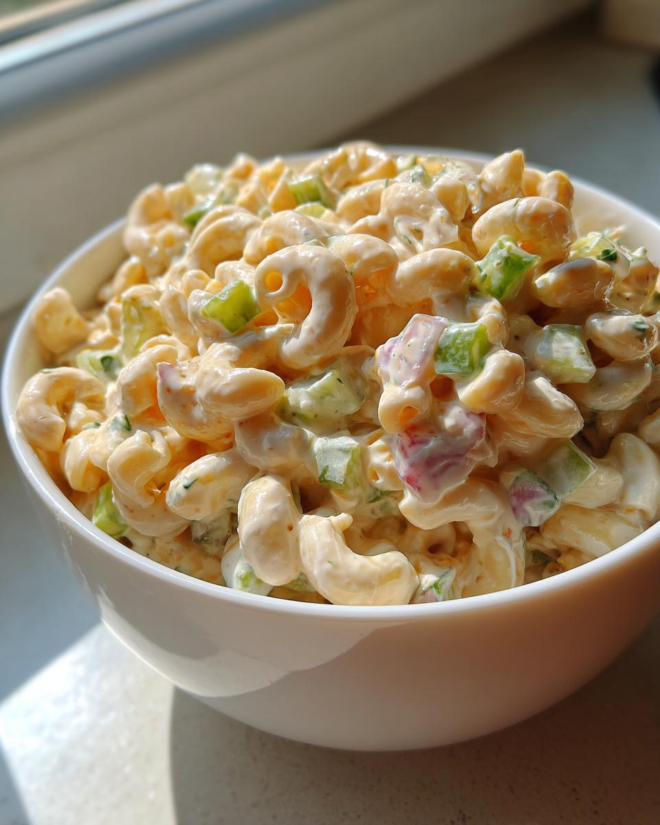 Close-up of creamy classic macaroni salad in a white bowl, featuring elbow pasta, celery, and a creamy dressing.